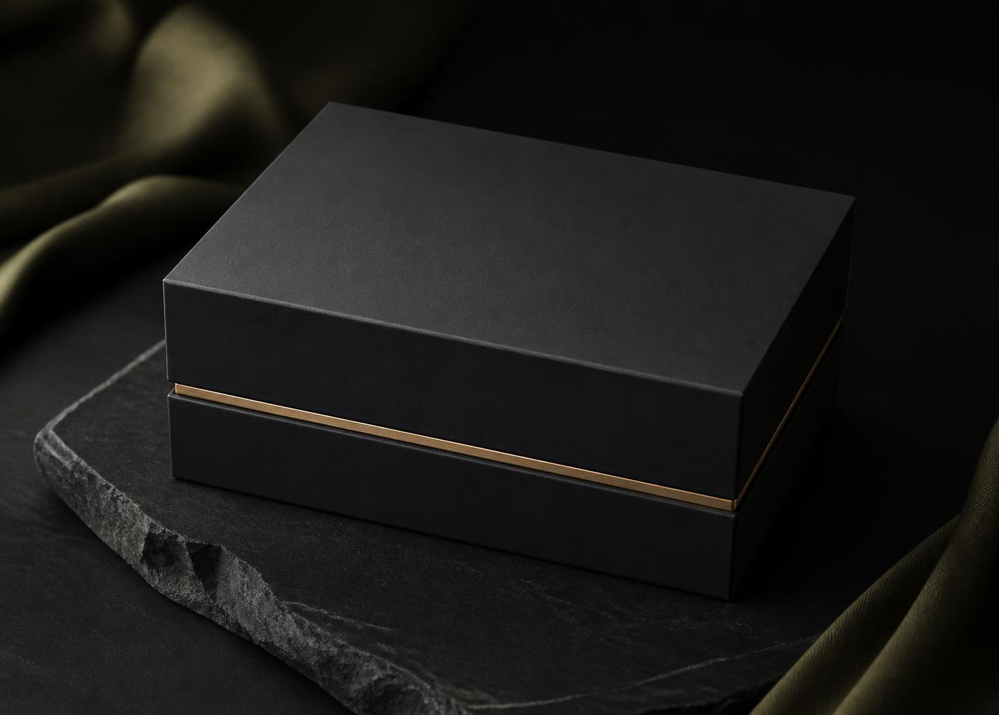 Matte charcoal delivery packaging with a champagne gold accent
